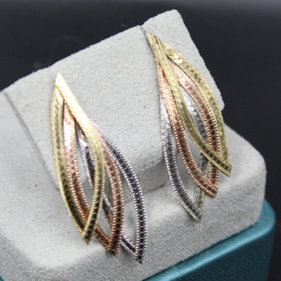 14K Tricolor Gold Dangle Drop Earrings - Gold Leaves Design - 1.5 in (12.7 mm) - Picture 2 of 6